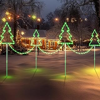 Quntis 4 Pack LED Christmas Tree Pathway Lights Mains Powered Garden Stake Lights with Colour Changing 8 Modes Timer Memory Function Waterproof for Xmas Holiday Path Yard Lawn Decoration