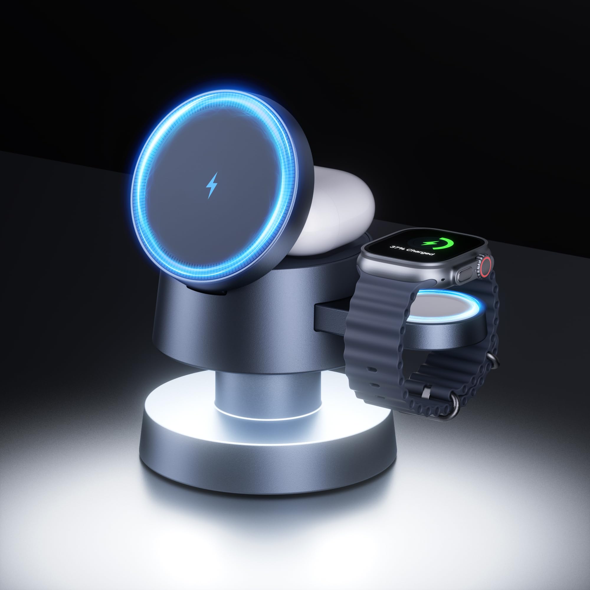 4 in 1 Magnetic Wireless Charging Station,15W Fast Charging with Adjustable Night Light,Magnetic Wireless Charging Station for iPhone 16 15 14 13 12 Pro Max & Apple Watch, AirPods 3/2/1/Pro