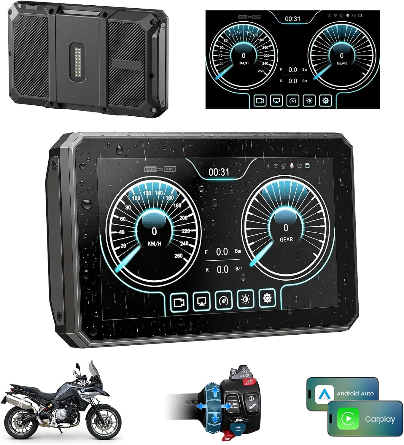 WonVon 5 Inch Motorcycle Carplay for BMW GPS Navigation System with Apple Carplay and Android Auto Portable Screen with Dual Bluetooth, Navigation, Siri, Google Assistant