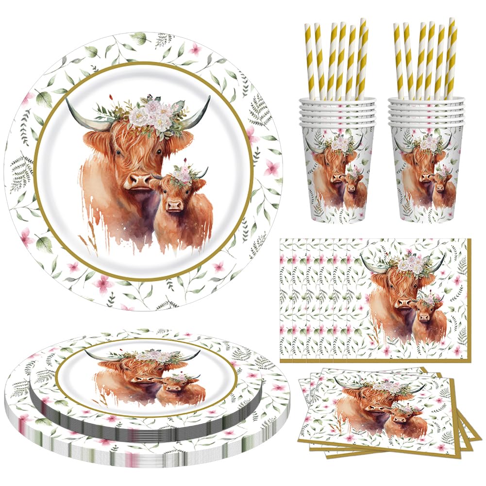 Set De Vaisselle Jetable Thème Highland Cow - 50 Pièces Pour Fête : Assiettes, Gobelets, Serviettes, Pailles - Décoration Anniversaire Enfant