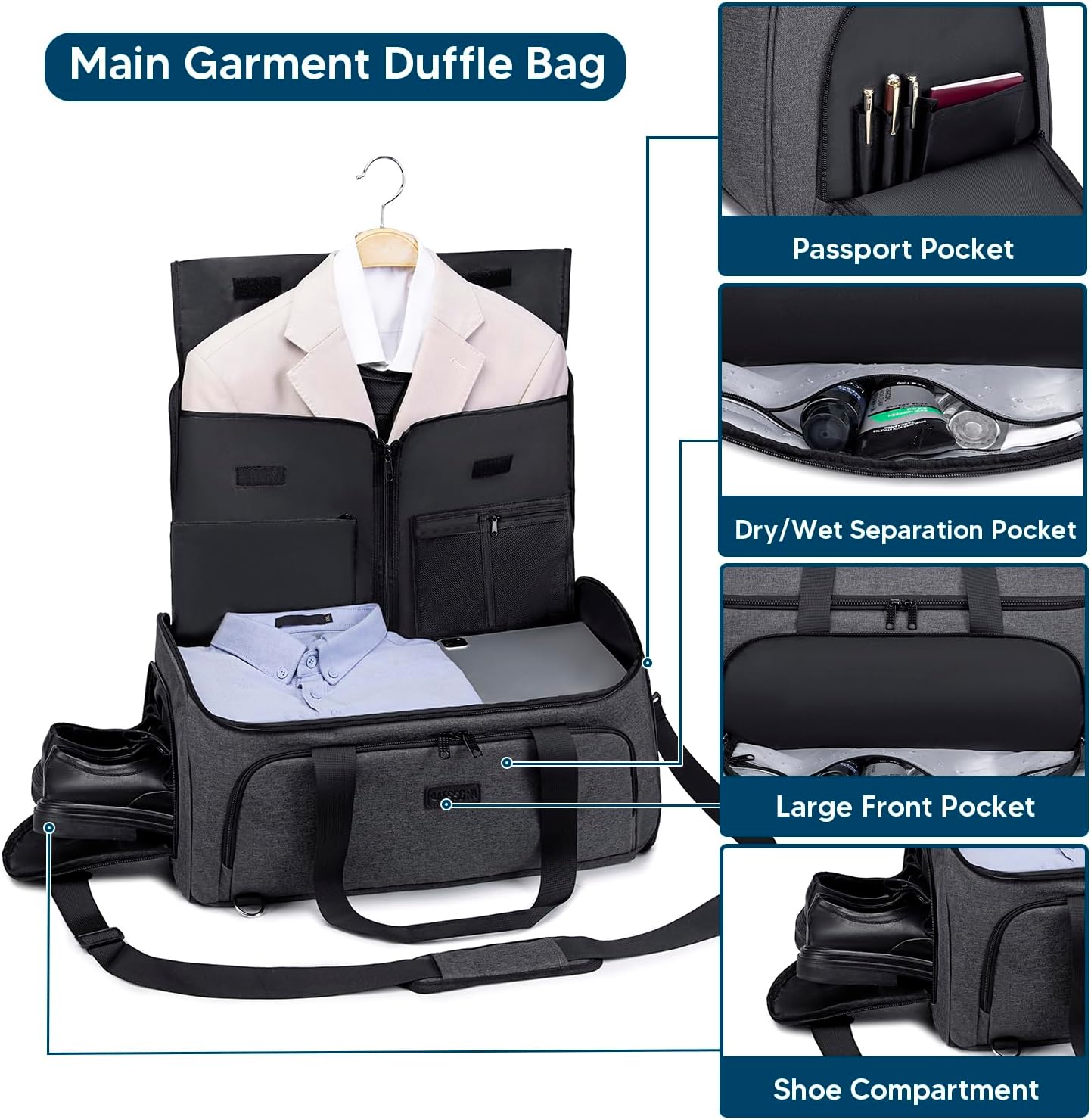 Vessgra Garment Bags for Travel 58L Garment Bags Duffle Bag for Travel Convertible Carry On Garment Duffle Bag 4 in 1 Foldable Suit Bag with Shoes Compartment for Men Women Weekender，Dark Grey