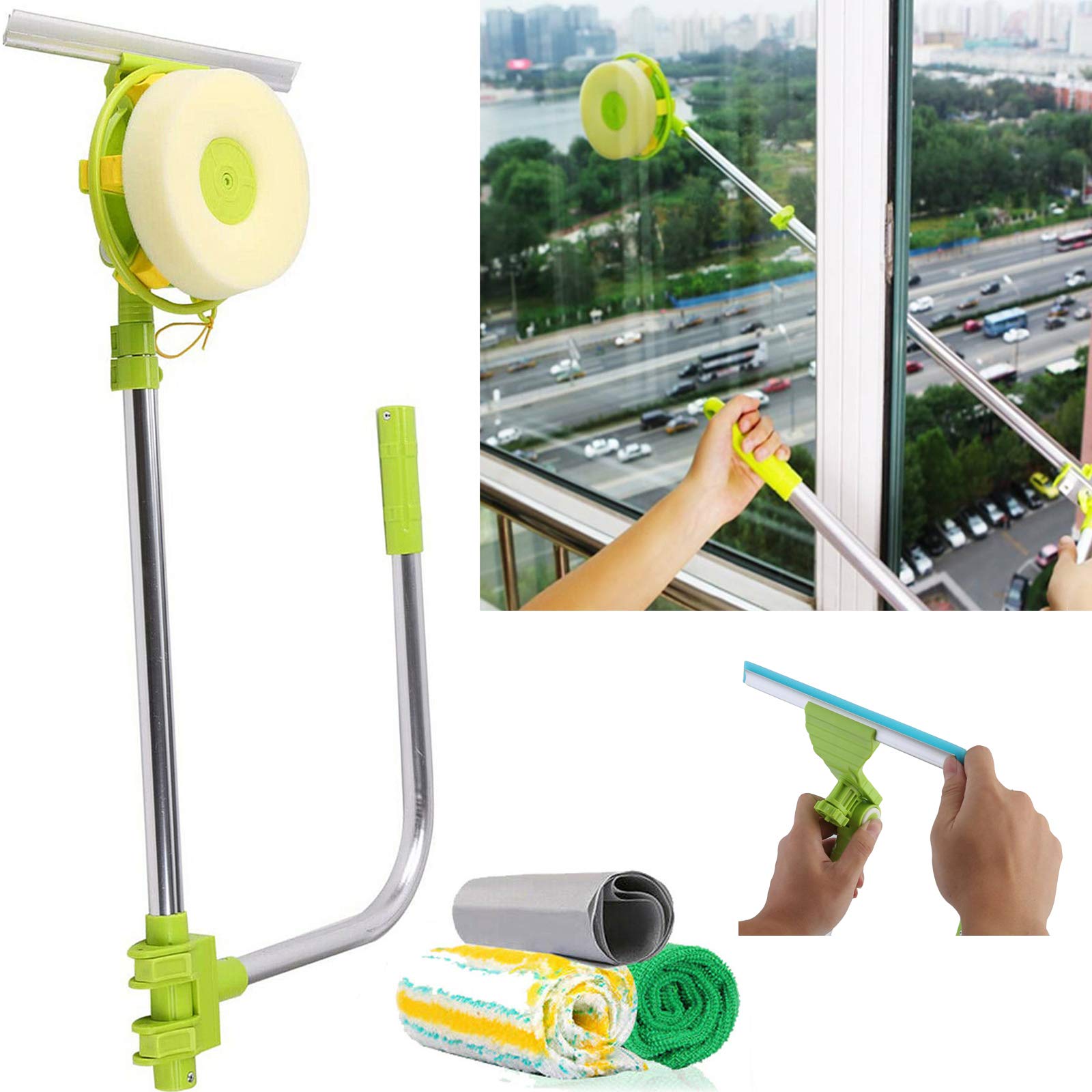 Telescopic Window Cleaning Washing Kit Equipment Extendable Pole Squeegee Washer Cleaner Long Reach Washer Tools Kit for Indoor/Outdoor, 2-in-1 Squeegee Sponge Safety High-Rise Cleaning Brush Set