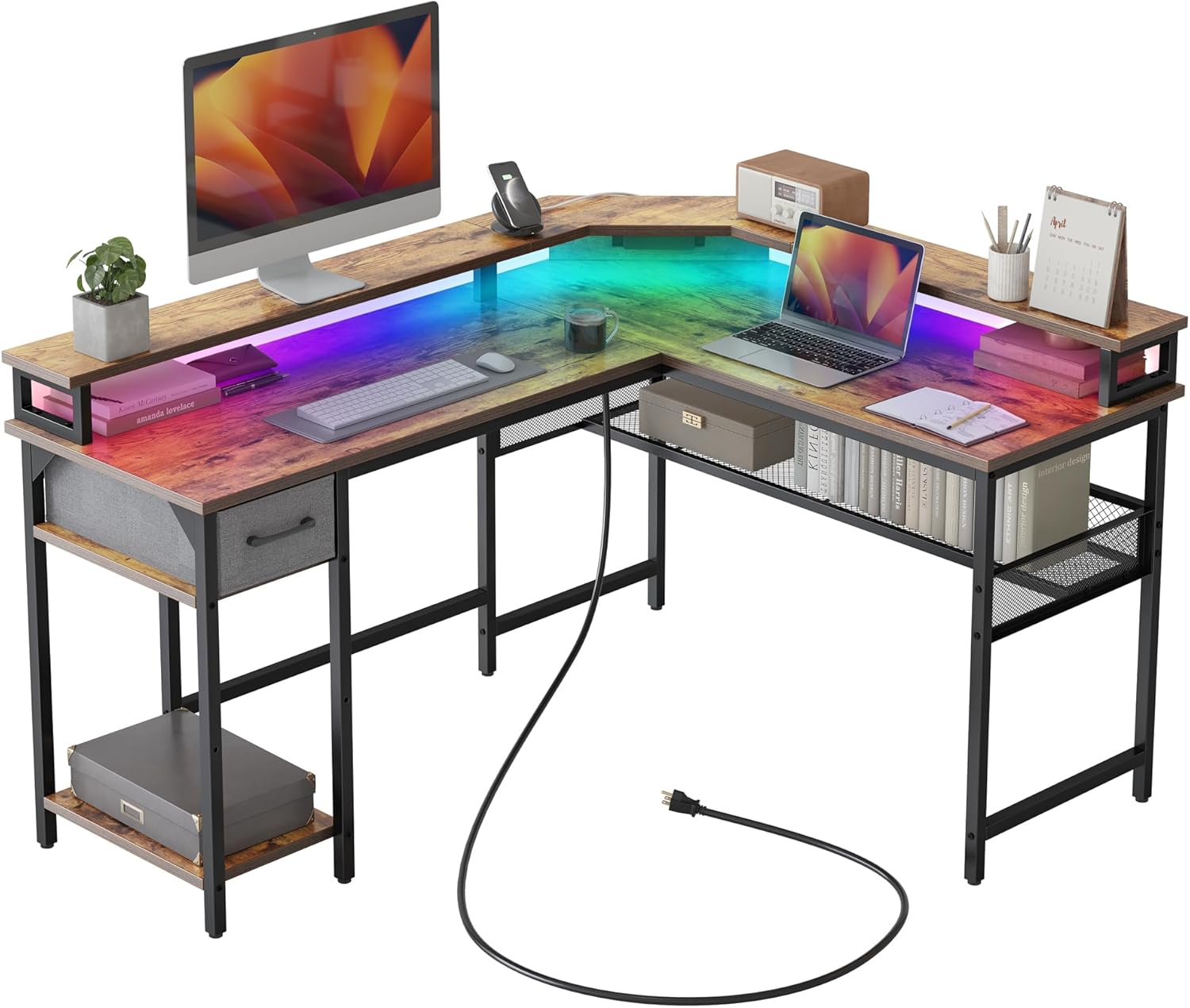 CubiCubi L Shaped Desk with Power Strip and LED, 58" Reversible Gaming Desk with