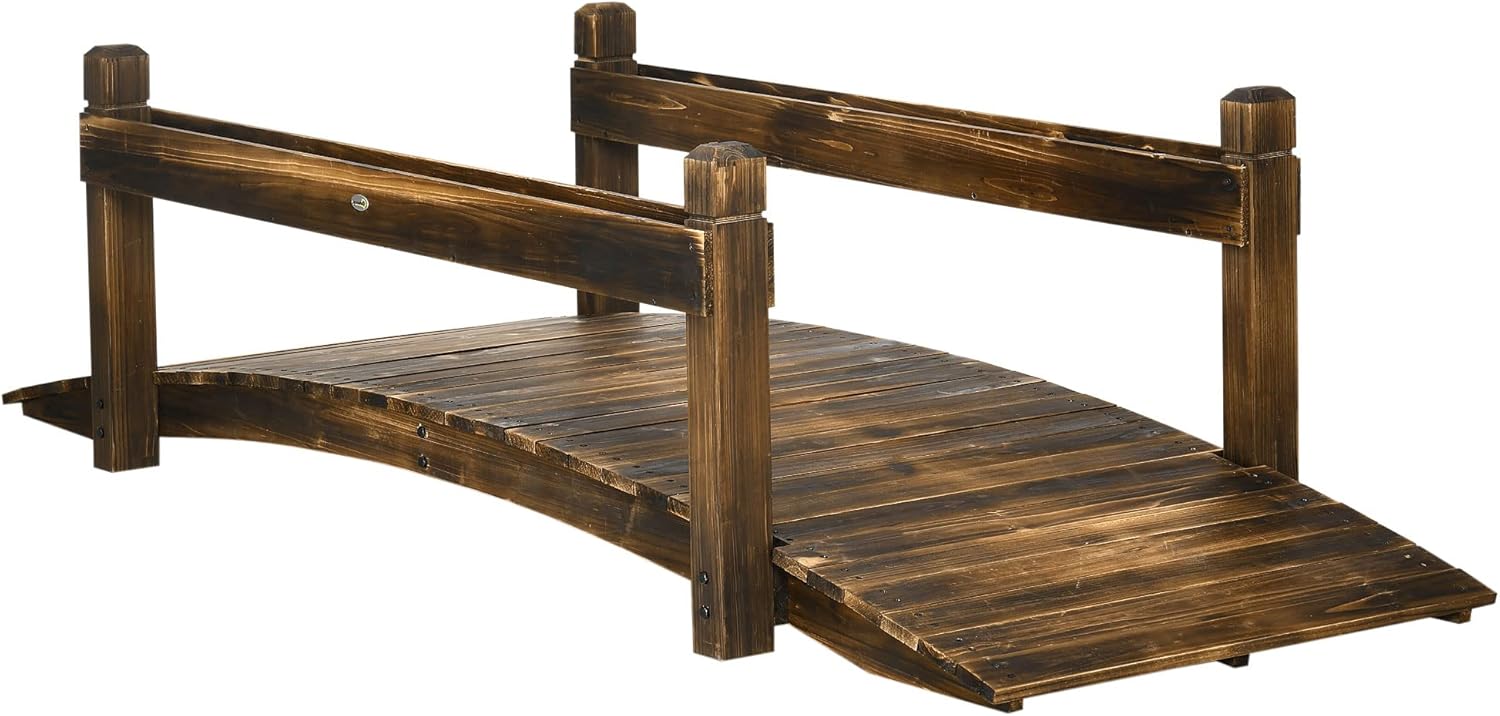 7.5' Wooden Garden Bridge with Planters, Stained Finish Arc Footbridge with Safety Railings for Backyard, Pond Stream, Stained Wood