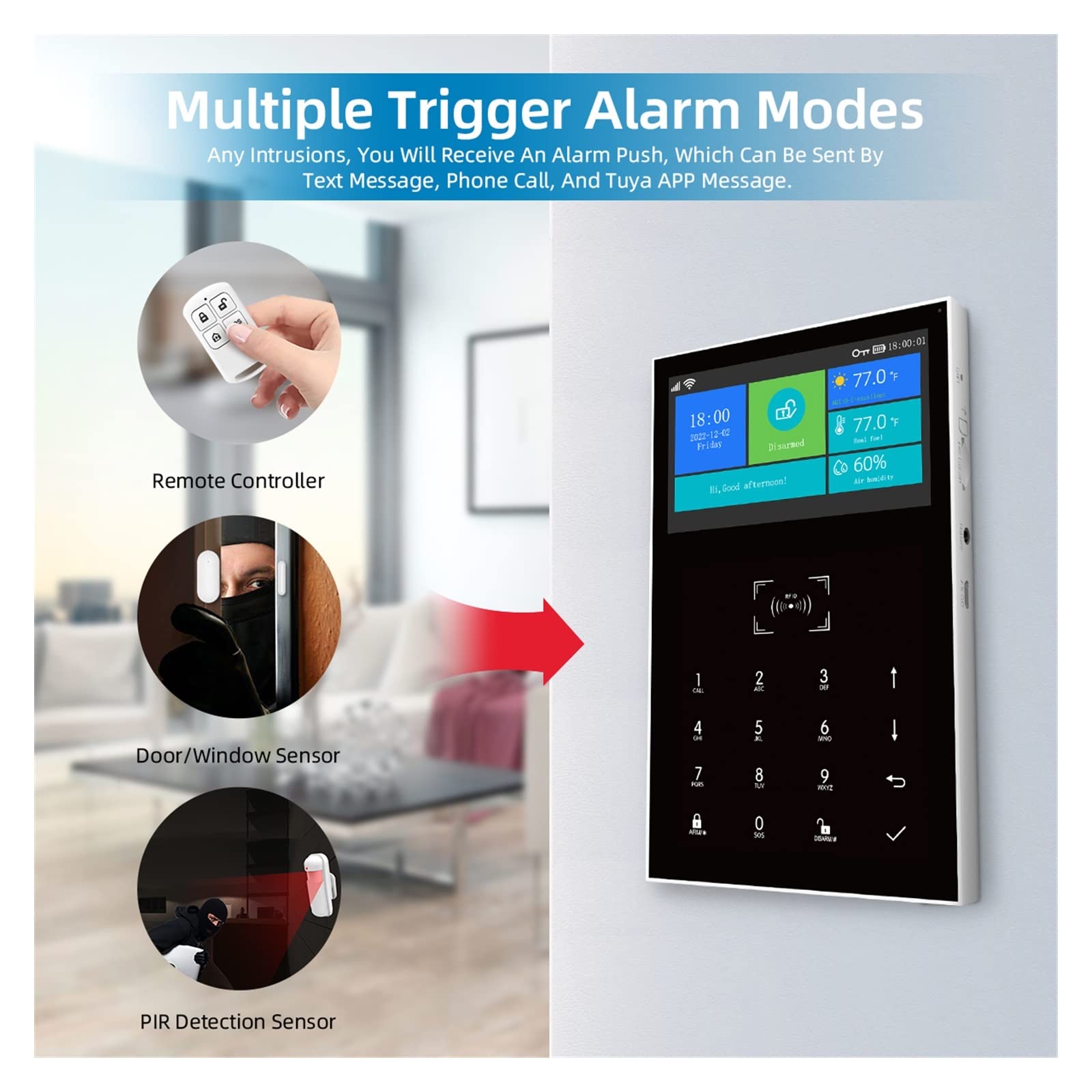 Sistema di Allarme di Sicurezza Domestica, Tuya Smart Home Alarm System Wireless Support con Temperatura e umidità Display Allarmi di Sicurezza(L)