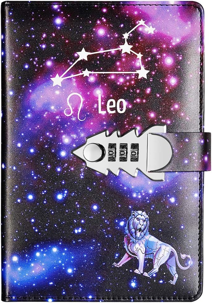 Constellation Journal Notebook Record Diary with lock Beautiful Flower PU Leather Cover Writing Notepad A5 Size Book Travel Journal for Girls and Boys (Leo)