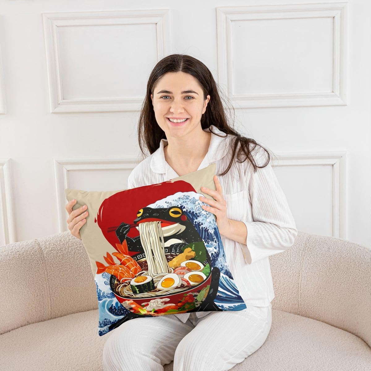 Japanese Frog Throw Pillow Covers (Pack of 4),Japanese Lamian Noodles Cushion Cover for Kids Girls Teens Retro Vkiyoe Sunset Wave Pillow Cases Funny Anime Style Living Room Sofa Bed Decor ,18"Lx18"W image 5