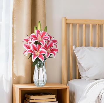 Real Touch Faux Stargazer Lilies - 6 Stem Centerpiece with Glass Vase, Magenta Floral Decor for Home & Events