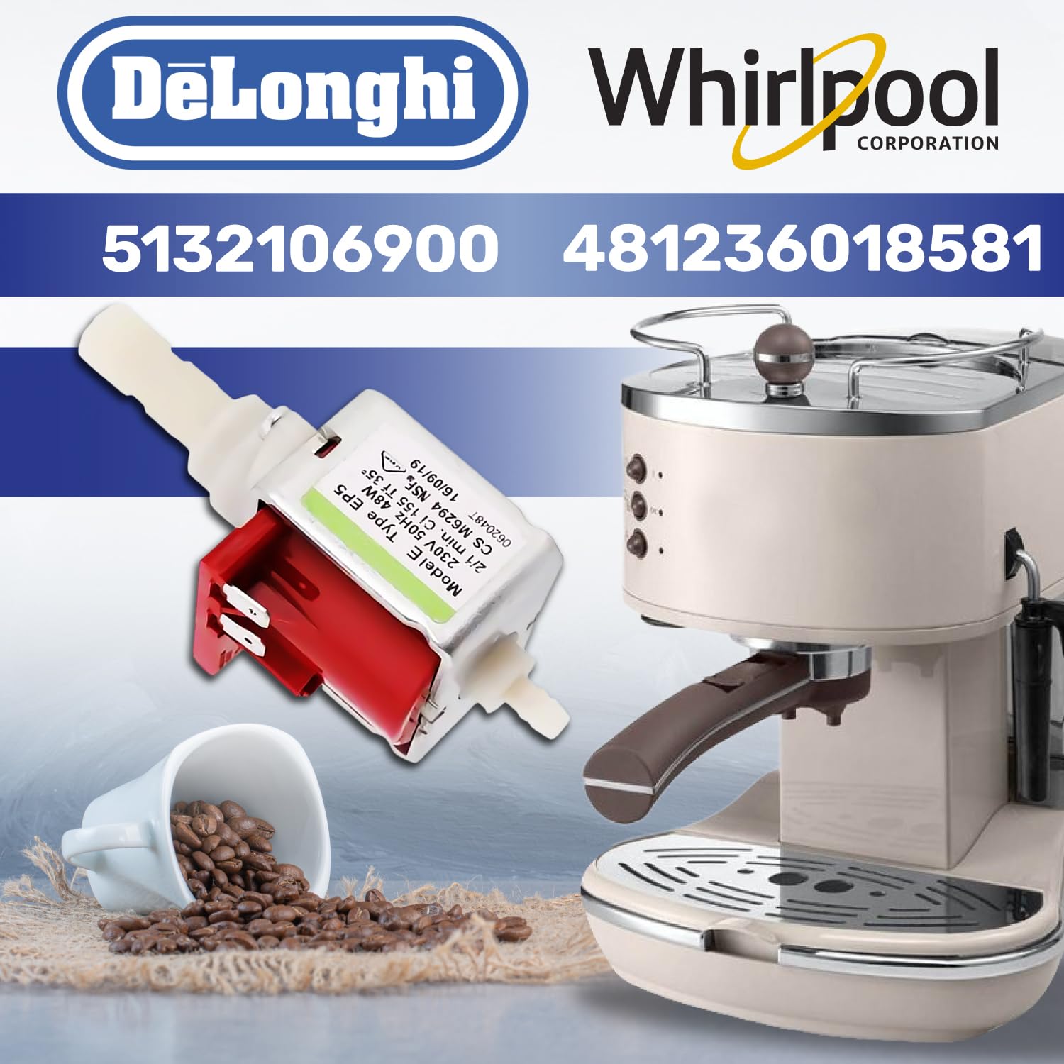 Pompa EP5 Acqua per Macchina da Caffe - 230/240V 50Hz 48W 15bar 2/1 on-off - Portata 650cc/min - 5132106900 per DeLonghi 481236018581 per Whirlpool - Garanzia di 10 Anni - MONTERAL