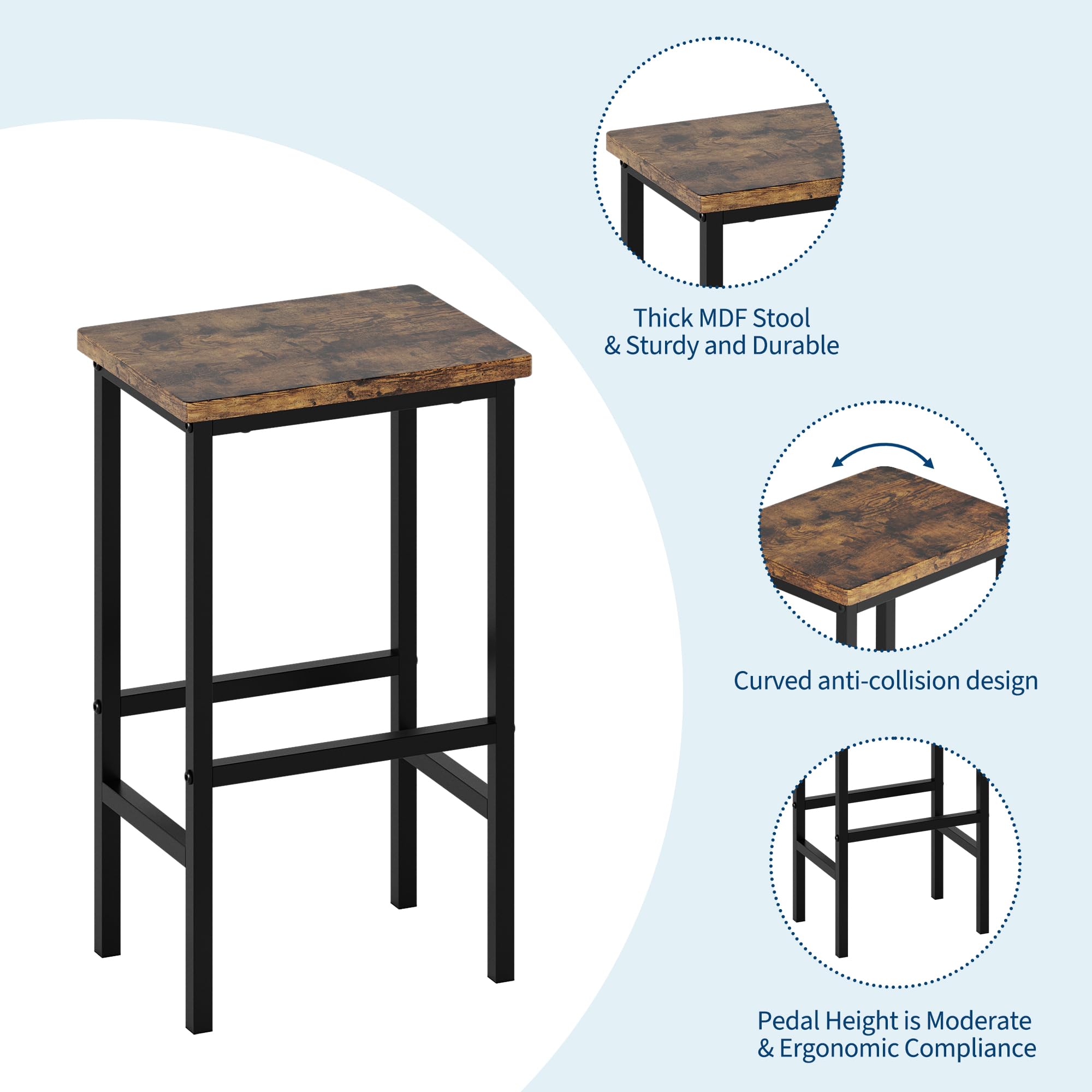 Garvee Bar Tisch Und Stühle Set, Rechteckiger Pub Tisch Mit 2 Hockern Für Kleinen Platz, High Top Tisch, 3-Teilige Frühstück Hocker Set, Robuster Metallrahmen, Einfach Zu Montieren, Rustikal Braun