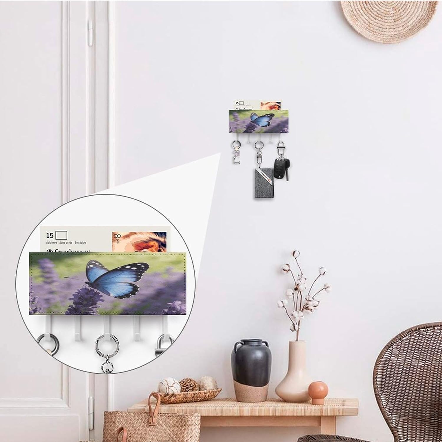 Key Holder Wall Mount Key Hanger with 5 Hooks, Decorative Key Rack | Blue Butterflies Perch in Fragrance Hanging Key Hooks with Mail Organizer for Wall Living Room Kitchen Bathroom Hallway