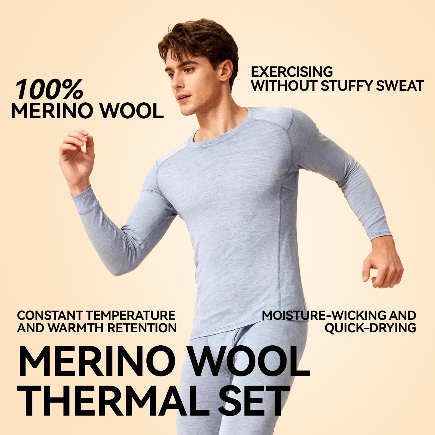Men’s 100% Merino Wool Thermal Top, 15.5 Micron Base Layer Shirt – Soft Long Sleeve