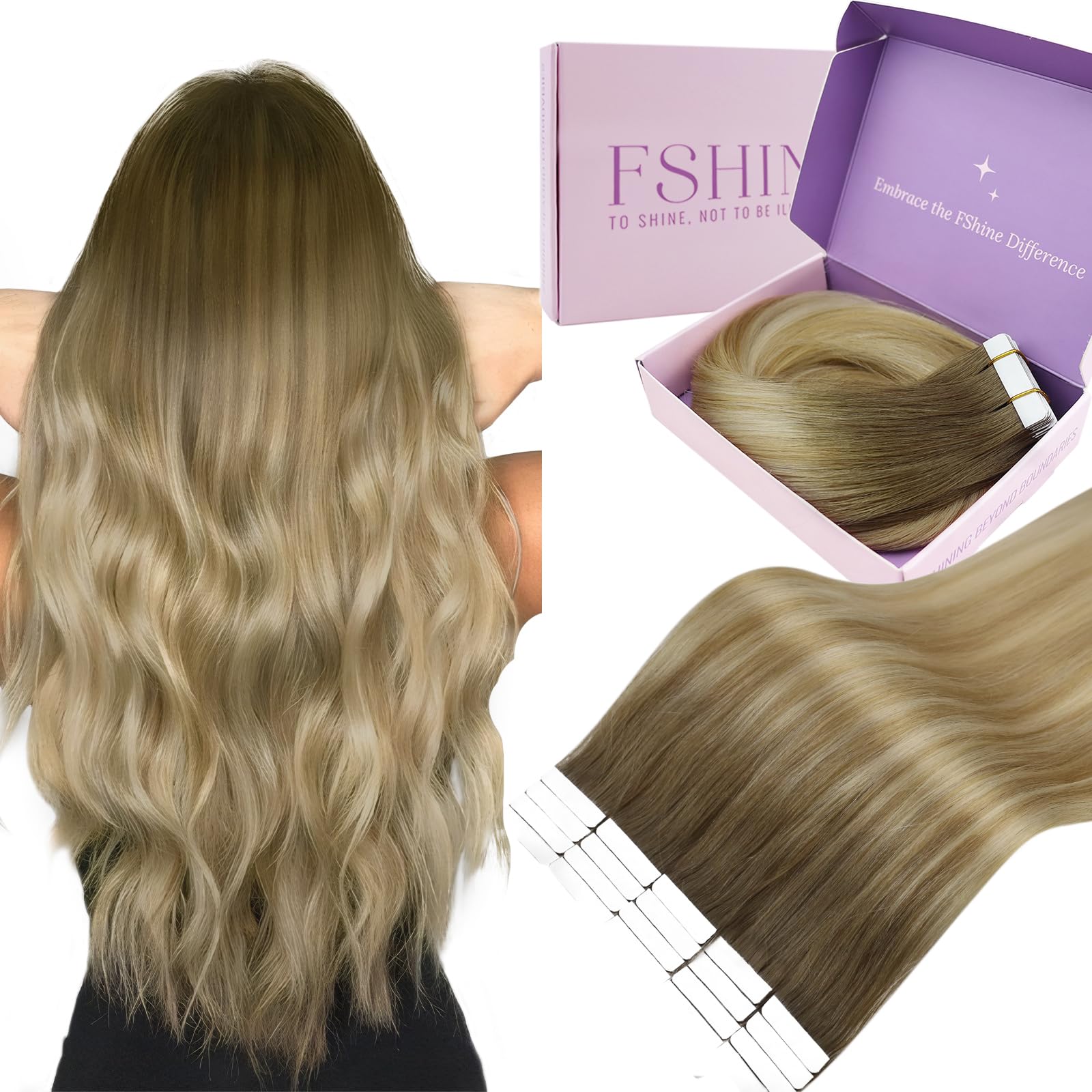 Fshine Tape in Extensions Human Hair, Smooth and Full Texture, 22 Inch 50 Gram 20 pcs Color Brown to Honey Blonde Straight Hair Extensions Tape in,