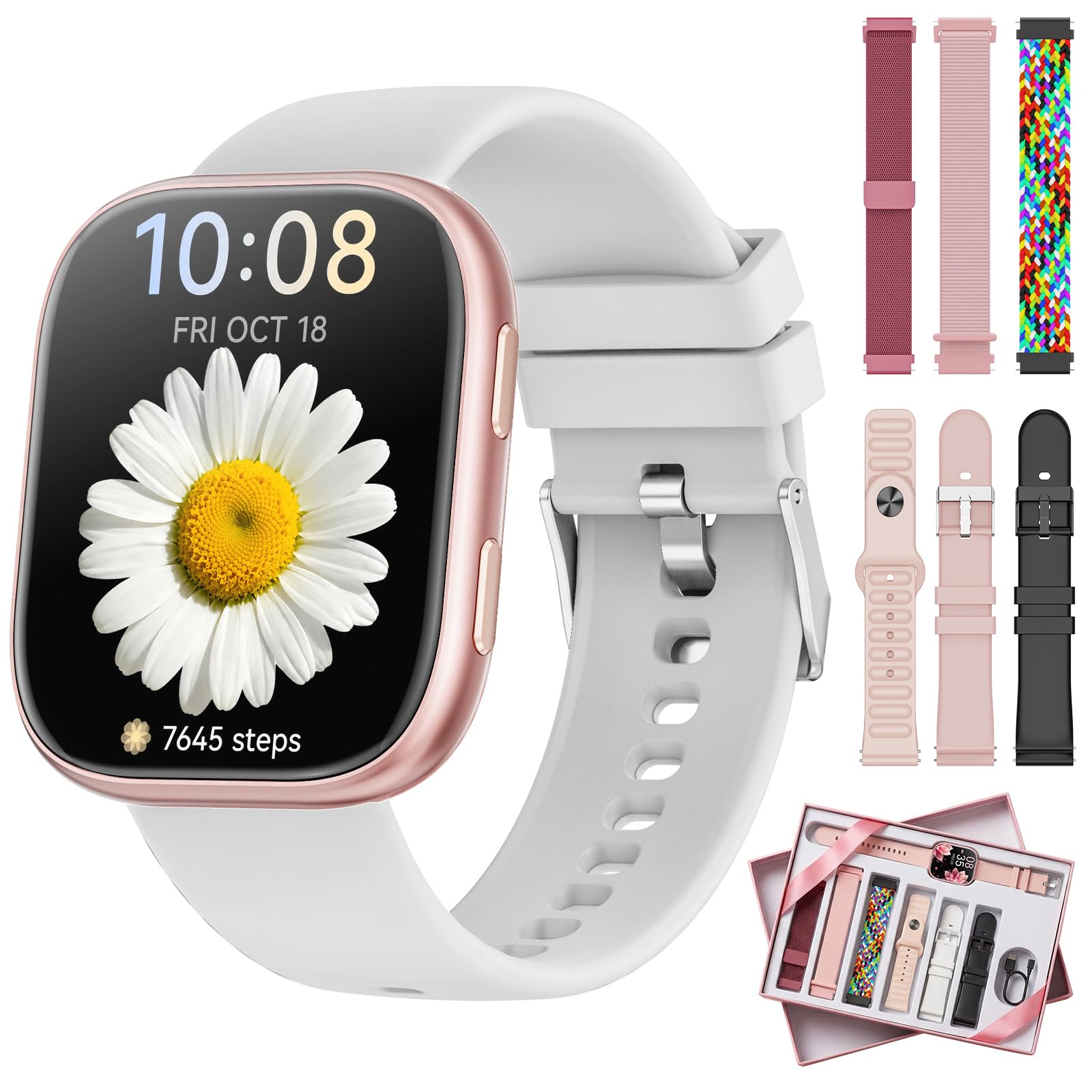 Smartwatch Donna con 7 Cinturini, 1,83'' Orologio Smartwatch con Chiamate Bluetooth, Notifiche, Contapassi, Sonno, Cardiofrequenzimetro, SpO2, Smart Watch per Android iOS, Regali Compleanno Donna