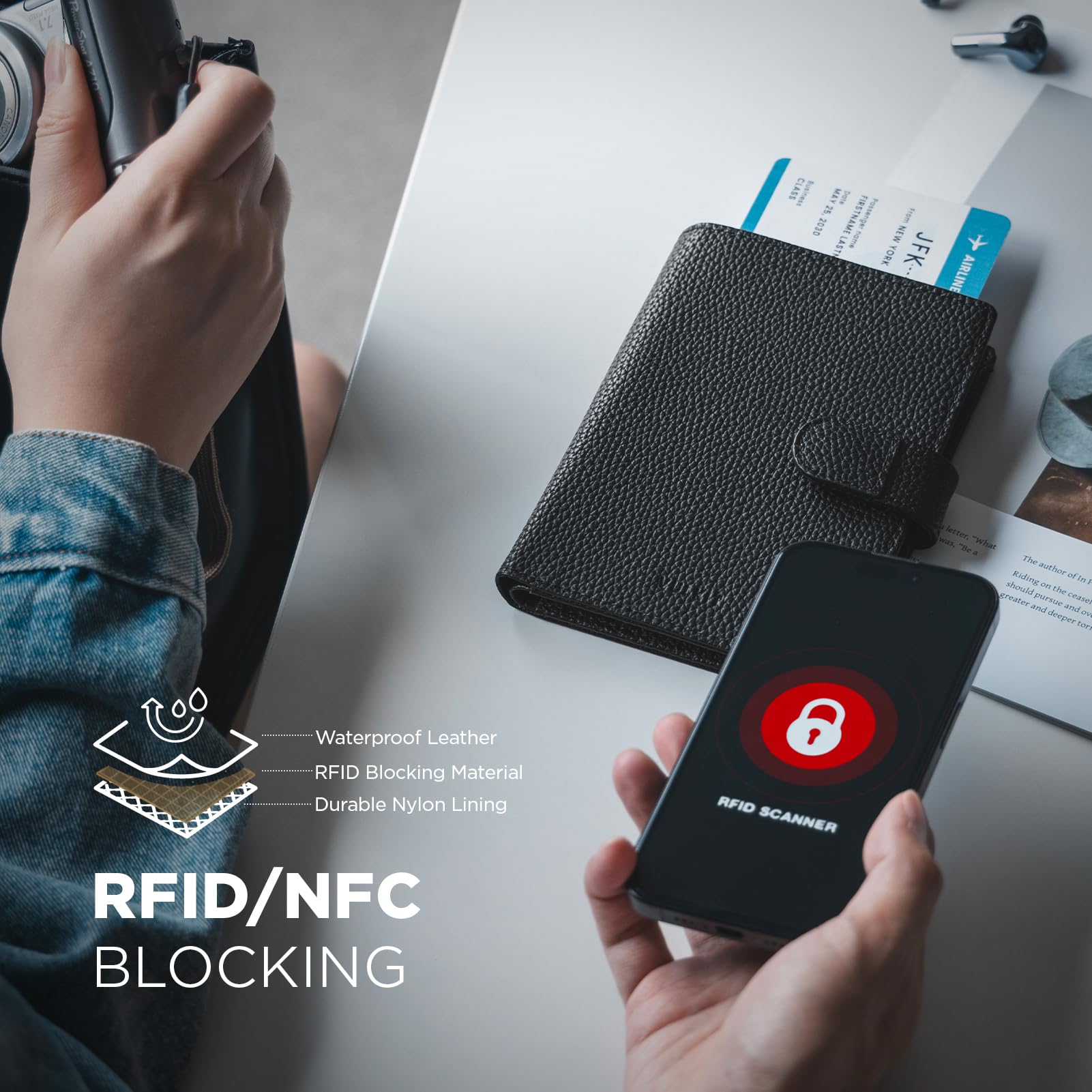 VULKIT Skórzany portfel na paszport na 2 paszporty, wąski, podwójny uchwyt na paszport, blokowanie RFID, portfel podróżny z okienkiem na dowód osobisty, dla kobiet, Czarny (Grain Black), 6.1 x 4.7 x