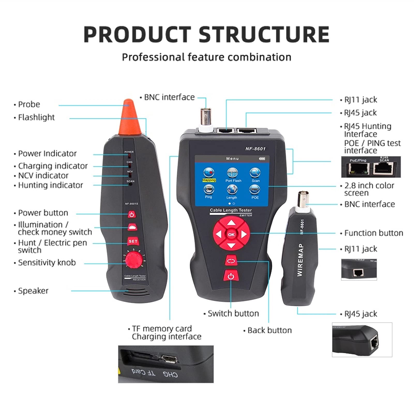 Equipo de localizador de alambre Equipo Tester Tester Line Finder Cable Tracker Para Ethernet y teléfono