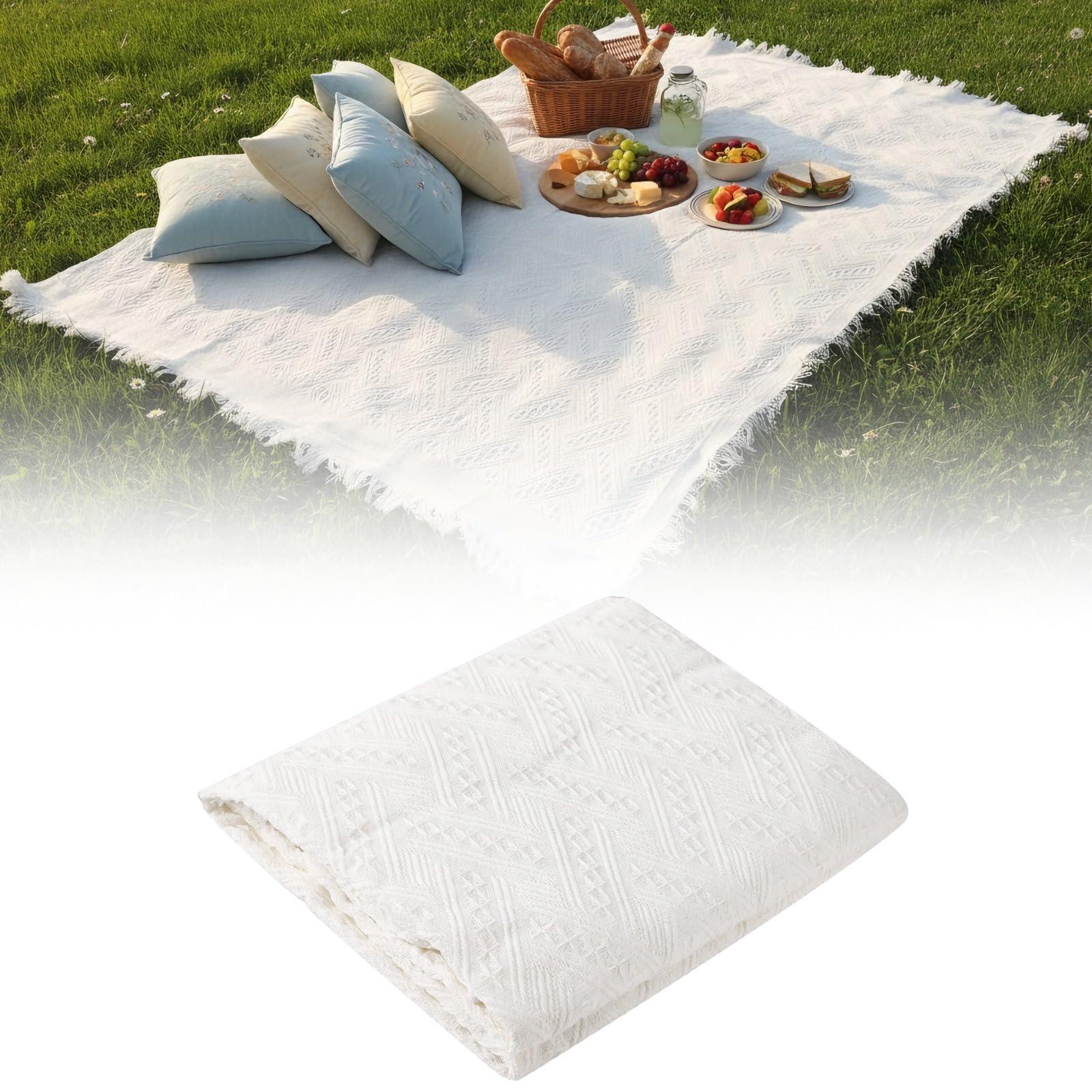 Bawełniany koc outdoorowy, 230 x 180 cm, narzuta piknikowa oversize z frędzlami, przenośny pokrowiec na kanapę, łóżko, podróż, plażę, można prać w pralce, łatwy do przechowywania i