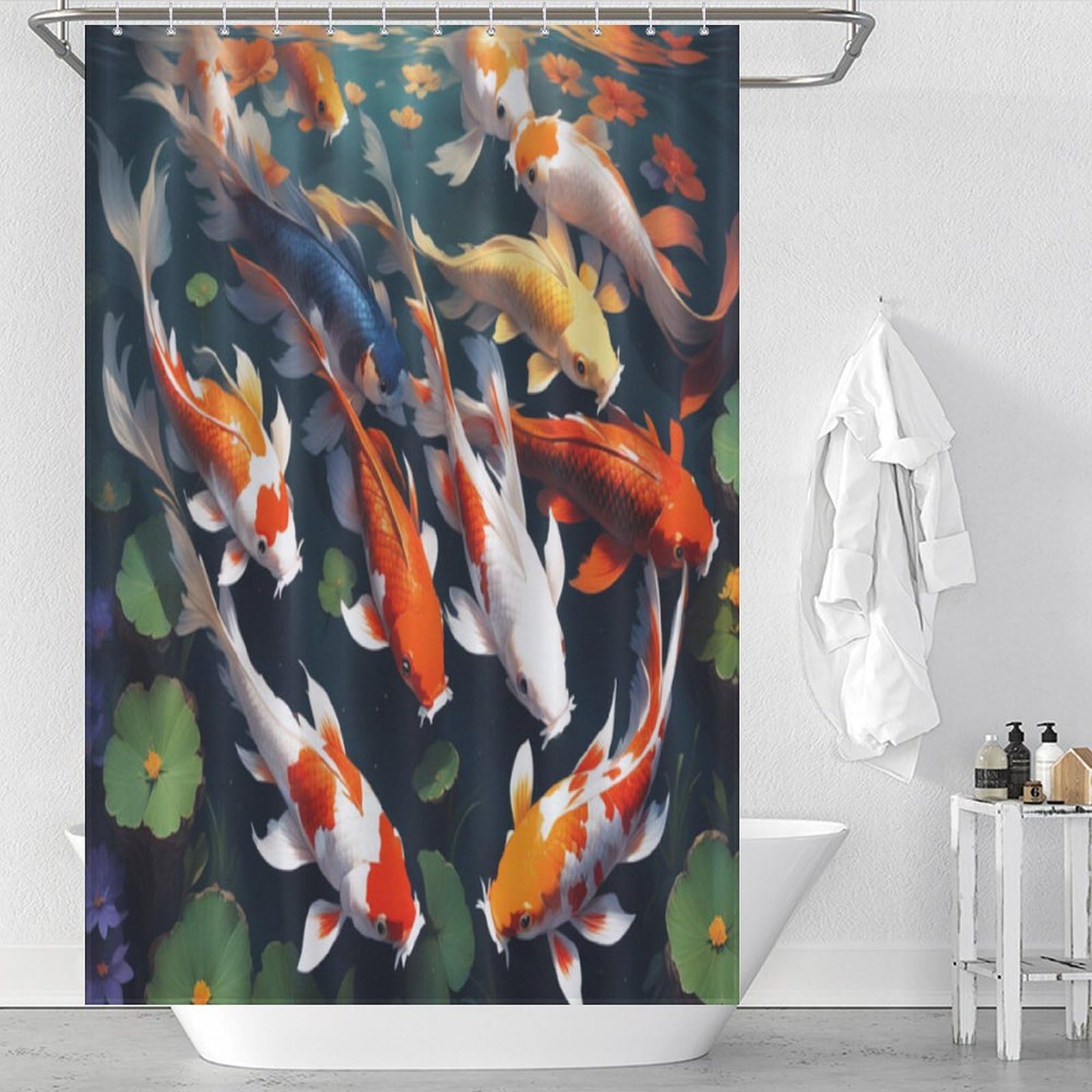 Rideau de douche poisson koï en polyester haut de gamme lavable 122x183cm avec œillets