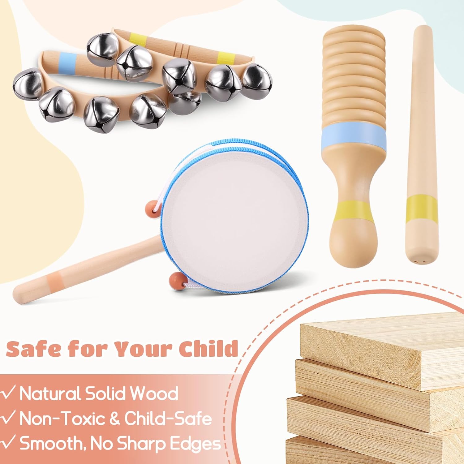 Baby Musical Instruments for Toddlers 1–3, Montessori Wooden Music Set with Drum Flute Clarinet Bells Cymbals, Toddler Musical Instruments Educational Kids Toys Birthday Gifts for Boys Girls