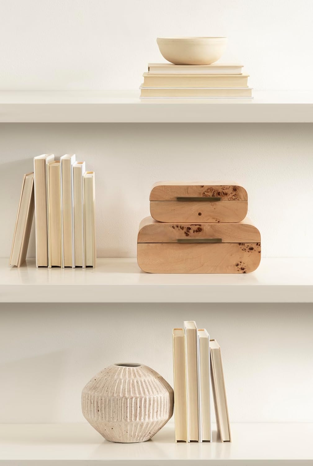 Kate and Laurel Burlock Decorative Burlwood Stacking Storage Box Set of 2, 10 x 8 and 8 x 6, Natural Wood, Modern Glam Two-Piece Box Set with Handles for Use as Jewelry Boxes or Perfume Organizers