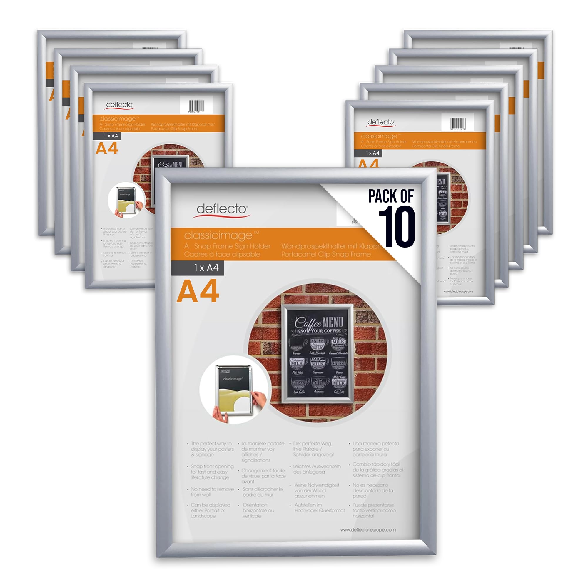Deflecto A4 Snap Frame Silver - Pack of 10 Elegant Aluminium Clip Frame for Wall Display - Certificate and Poster Holder with Front Opening Clips