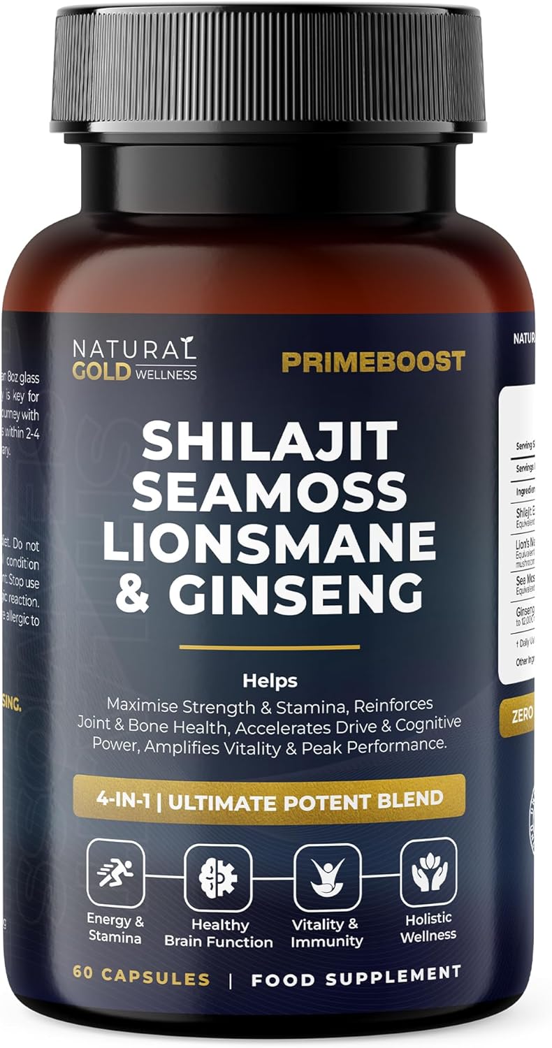 Shilajit, Sea Moss, Lion’s Mane & Ginseng 4-in-1 Supplement, Supports Energy, Stamina, Focus, Bone Health, Vitality & Wellness | 60 Vegan Capsules – PrimeBoost by Natural Gold Wellness