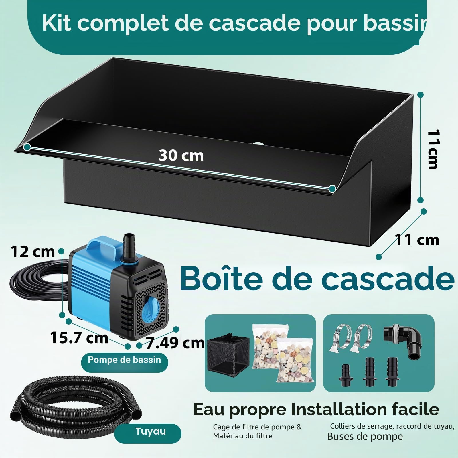 Kit de cascade pour bassin - Filtre de 30 cm avec pompe à cascade de 2500 l/h et cage filtrante - Tube ondulé de 3 m pour étangs de jardin en plein air