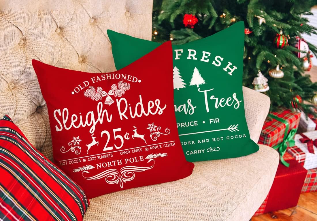Farmhouse Christmas Pillow Covers 18x18 Set of 4 Winter Holiday Decorations Xmas Red Green Rustic Throw Cushion Case for Sofa Couch Home Decor (Sleigh Rides, Farm Fresh Tree, Cocoa, Candy Canes)