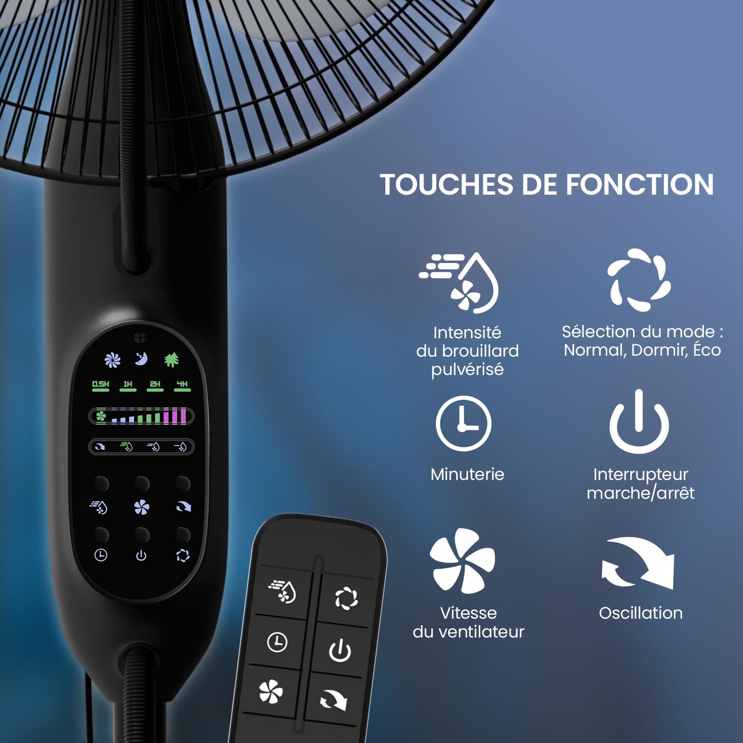 Ventilateur avec refroidissement par eau, ventilateur sur pied très silencieux avec télécommande, refroidisseur d'air avec fonction minuterie, trois vitesses, fonction pivotante et inclinable