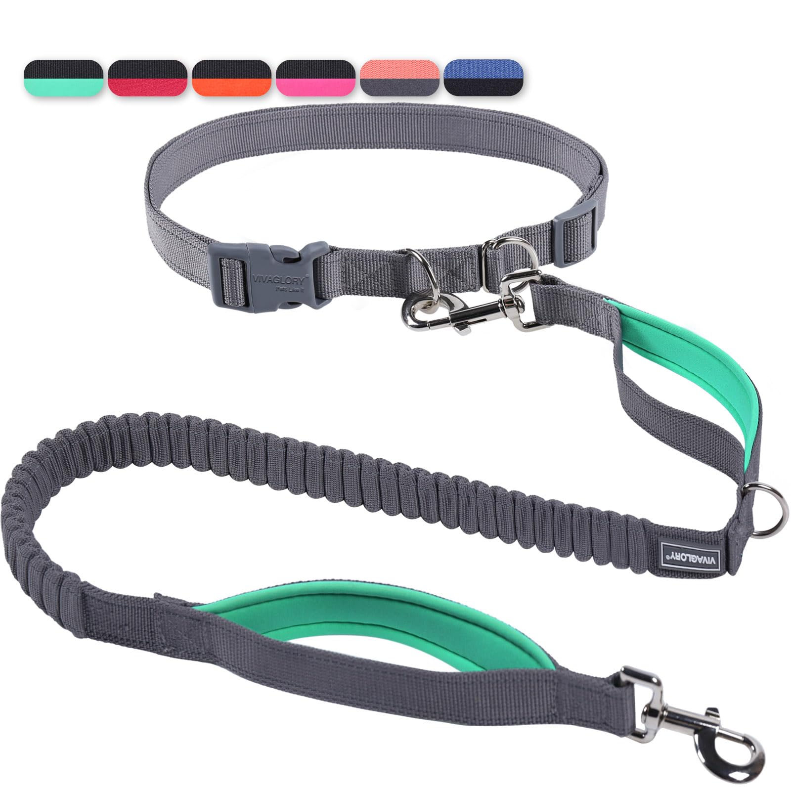 VIVAGLORY Correa para Perro sin Manos, Correa de Cintura con Bungee Absorbente de Choques para Perros Medianos y Grandes, Correa Reflectante Ajustable para Correr con Asa Acolchada, Gris-Turquesa