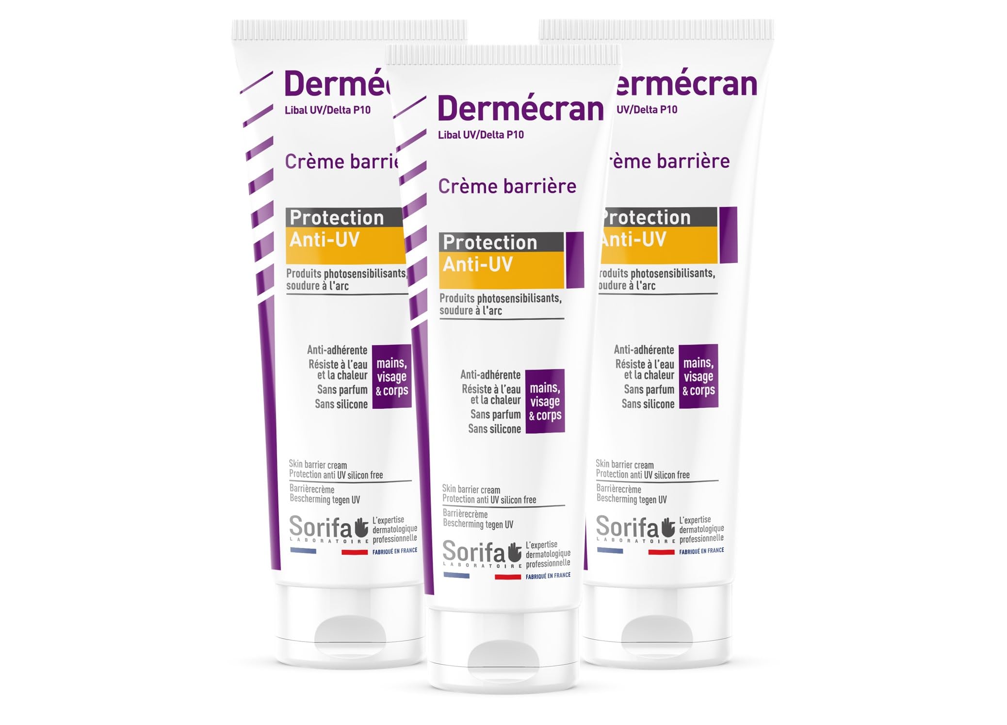 Juego de 3 – Dermecran – Crema barrera – Protección UV – Soldadura – Productos fotosensibilizantes – Manos, cara y cuerpo – Alta tolerancia – Tubo 125 ml.