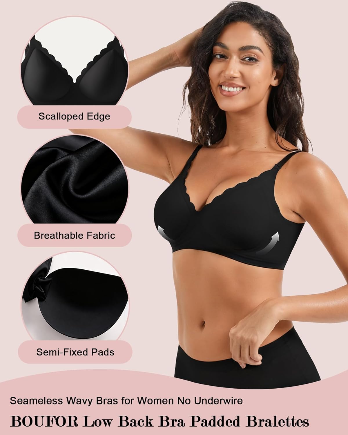 Low Back Bra - Halter Bra Backless Padded Low Cut Seamless Wave Bras Scalloped V Neck Criss-Cross Multiway Bralette - Image 6