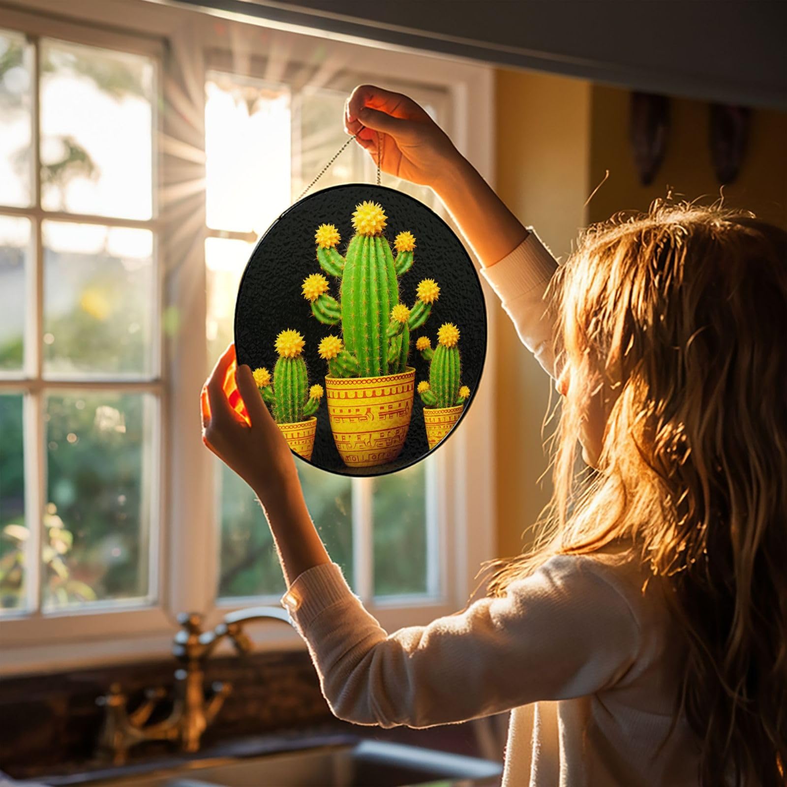 4in Stained Glass Window Hanging,Window Suncatcher Glass Panel with Metal Chain Yellow Cactus Sun Catchers Wall Art Home Decor Gift for Women Mother's Day