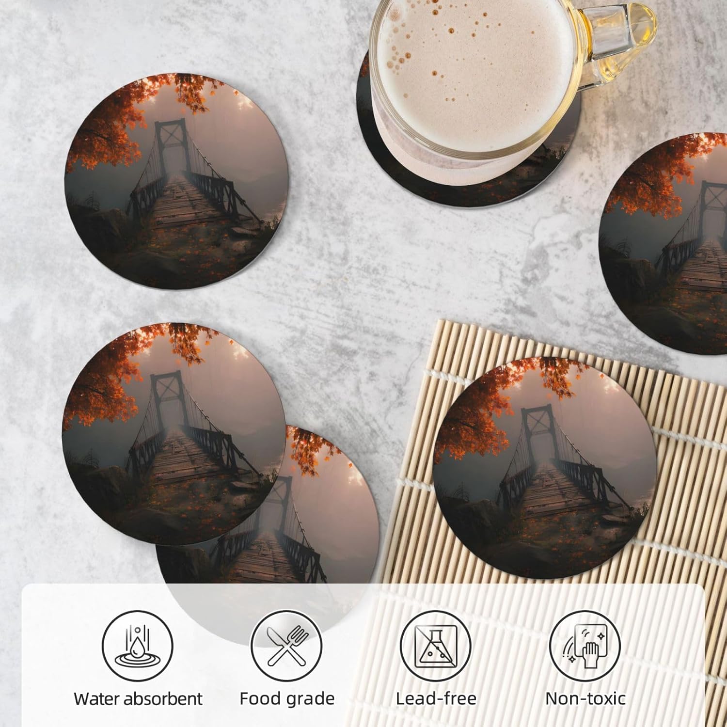 (Bridge) Ceramic Coasters Set of 6 with Holder Non-Slip Round Coffee Coasters for for Cup Mug Drink Patio Coffee Table Decor, Christmas Coasters Home Bar Supplies