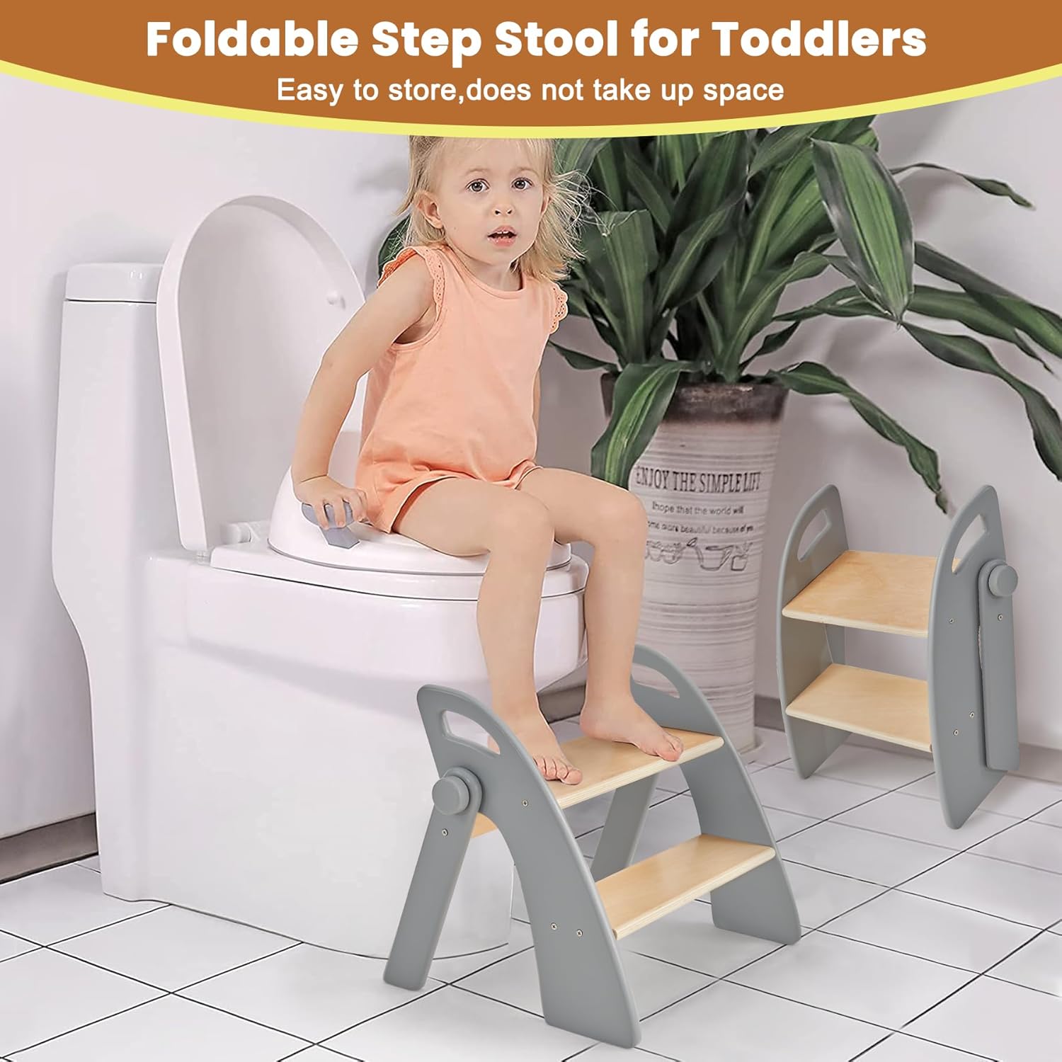 Wooden 2 Step Stool for Toddlers, Foldable 2-Step with Non-Slip Pads and Handles, Bamboo Step Stool for Kids Bathroom Sink and Potty Training, Kitchen Helper, Nursery Bedroom (Grizzly)
