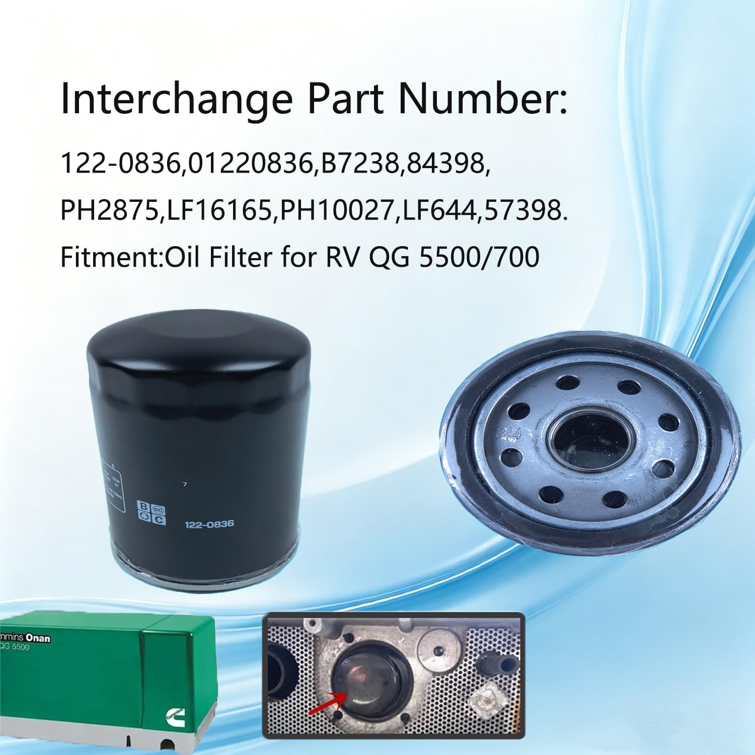 Oil Filter Spin-on 122-0836 Compatible With RV QG 5500/7000 Series HGJAA HGJAB HGJAC Replaces 01220836 B7238 PH2875 PH10027