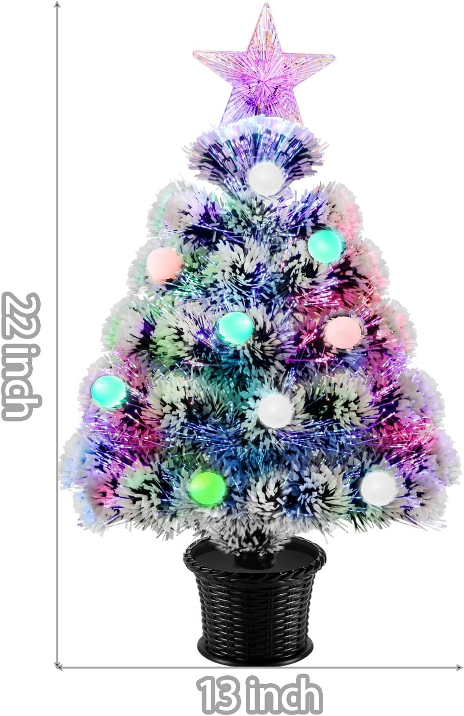 24 Xmas 56cm Kleiner Glasfaser-Weihnachtsbaum, künstlicher Mini-Baum, beleuchteter Tisch-Weihnachtsbaum mit RGB-Kugeln, Stern, Kleiner künstlicher weißer Weihnachtsbaum-Dekoration