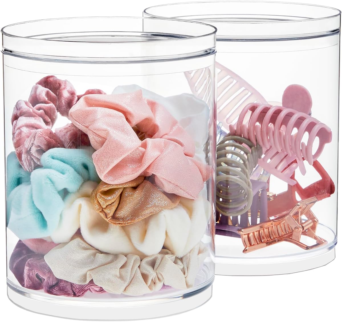 STORi Bella Tall Scrunchie Holder | Contenedor de plástico transparente apilable (juego de 2) organizadores de almacenamiento de tocador redondos con tapas para accesorios para el cabello y artículos de belleza | Fabricado en EE. UU.