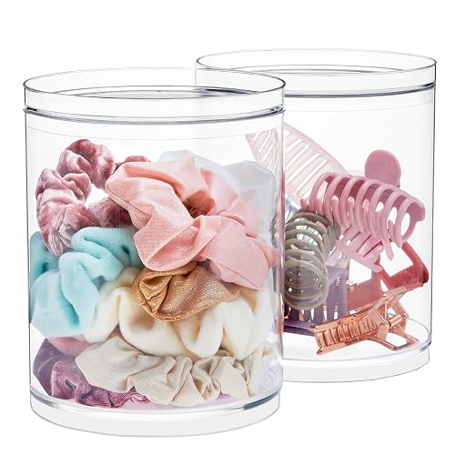 STORi Bella Tall Scrunchie Holder | Stackable Clear Plastic Container (Set of 2) Round Vanity Storage Organizers with Lids for Hair Accessories & Beauty Supplies | Made in USA