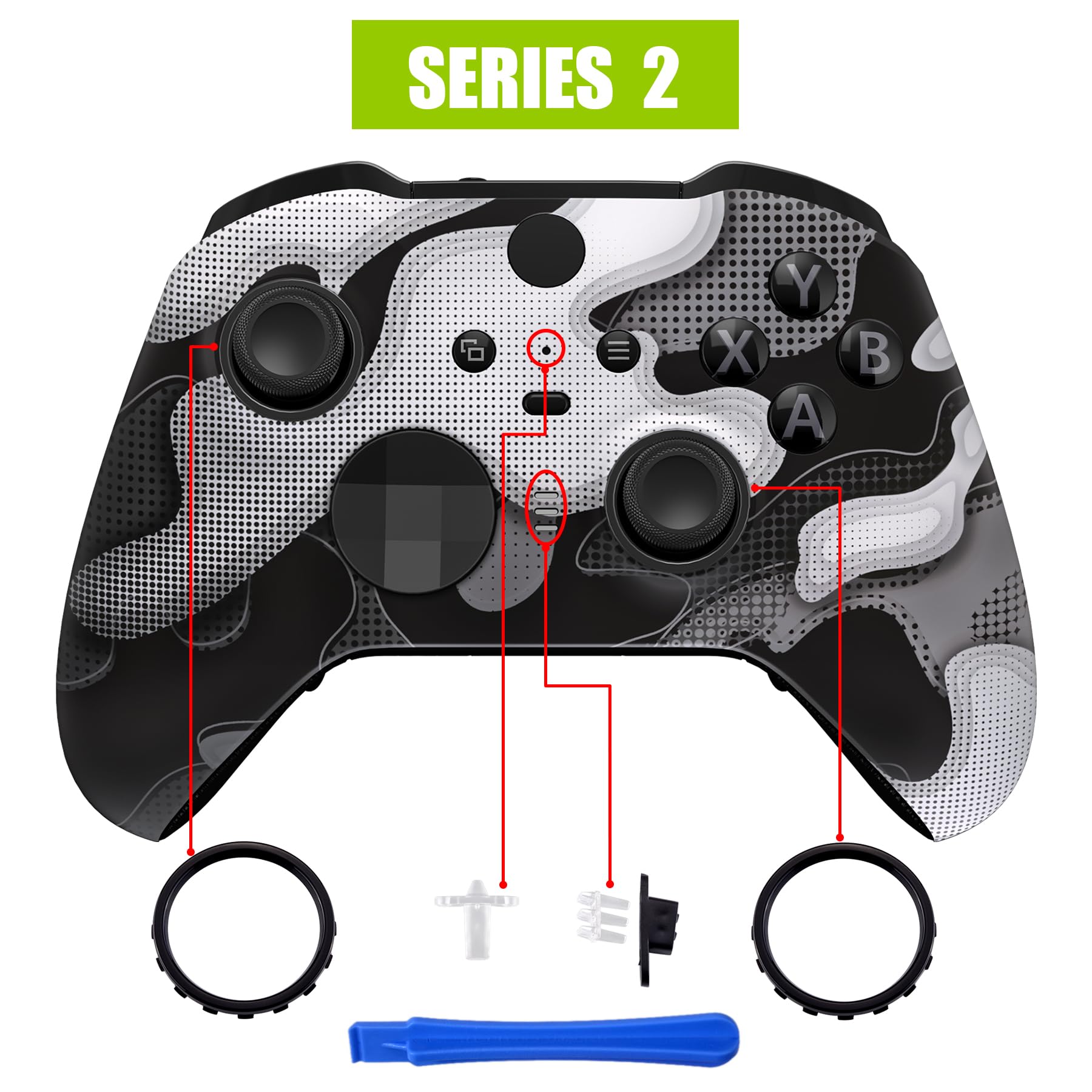 eXtremeRate Custodia Frontale per Xbox Elite Series 2 Controller Model 1797,Cover Scocca Case Ricambio per Xbox Elite Series 2 Wireless Controller Core&2 Anelli-Bianco Nero Mimetico