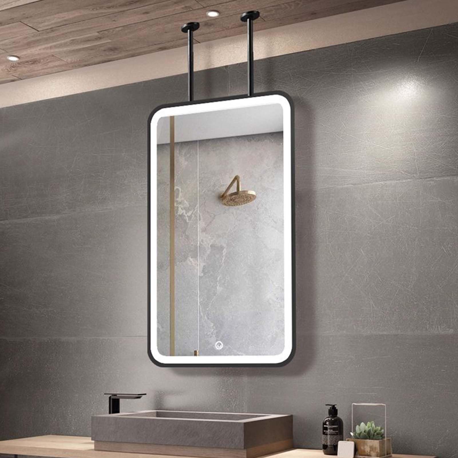 FGXHHS Large Touch LED Mirror for Bathroom Ceiling Mounted Square with Dimmable Light/Touch Switch Makeup Vanity Shaving Wall Decorative Mirrors, Black(50cmx70cm)