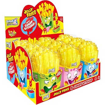 Jelly Fries with Ketchup - 12 Display 12 x 40 g   Fruit Gum Fries with Candy Gel Ketchup Sour Stripes + Sweet Sauce Halal   Party Snack Souvenir & Shelf Eye-catcher