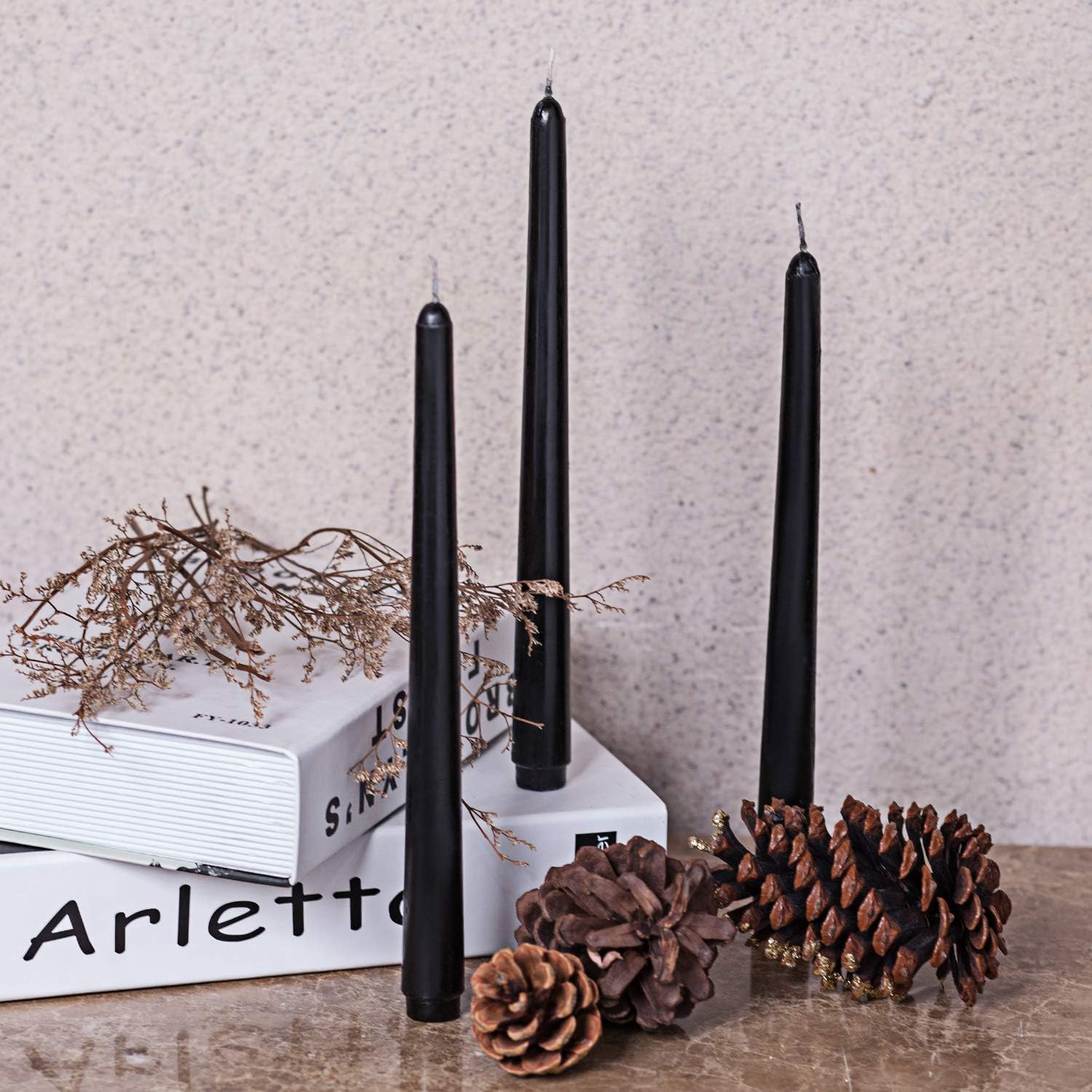 Arosky 20 Pack Black Taper Candles, 7-8 Hours Burn Time, Unscented, Smokeless and Dripless, 4/5 x 10 Inch Dinner Candle Set for Household, Wedding, Party and Home Décor Candlesticks