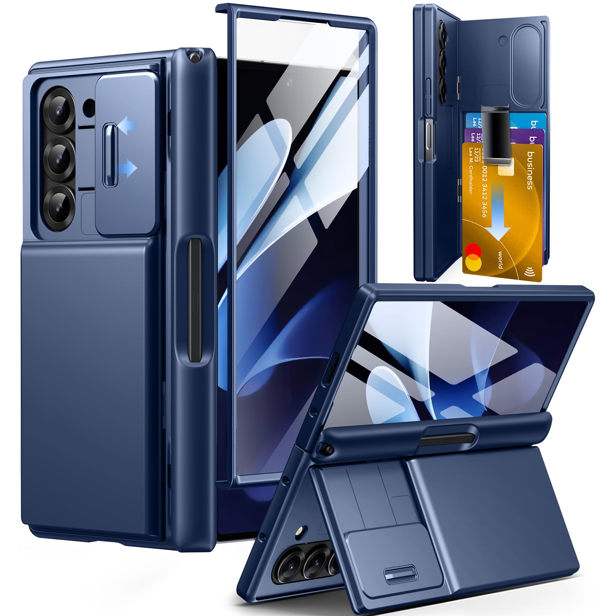 TONGATE Wallet for Z Fold 6 Case with Glass Screen Protector, [Card Holder]Built-in S Pen Holder & Kickstand, Camera Cover Hinge Protection Z6 Rugged Phone Case for Samsung Galaxy Z Fold 6, Navy Blue