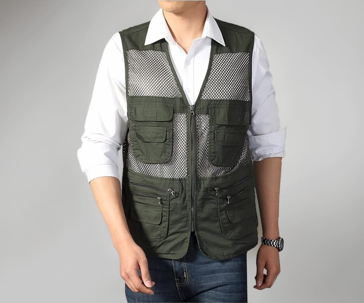 Men's Mesh Fishing Vest Photography Work Multi-pockets Outdoors Journalist's Vest Jacket (Army green, Medium)