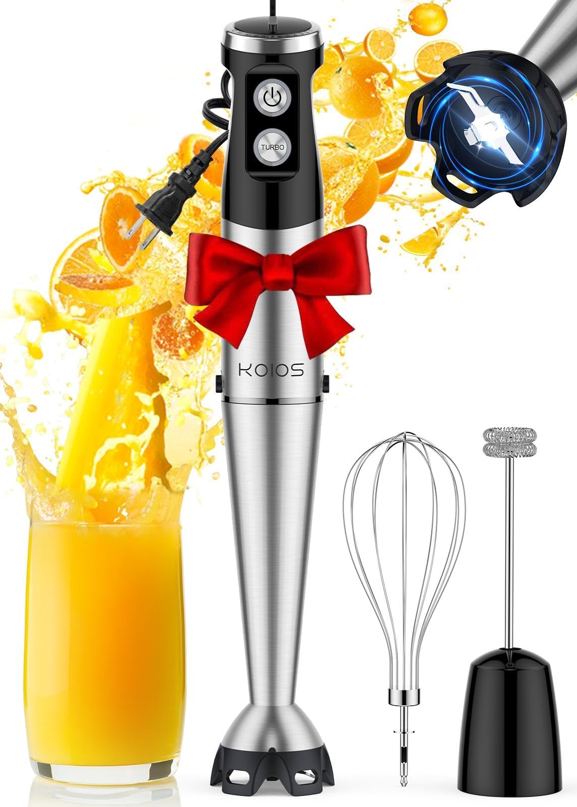 KOIOS Immersion Blender, 1000W Anti-scratch 3-in-1 Hand Blender, Upgraded 12 Speed Stainless Steel Blade Stick Blender with Turbo Mode, Whisk and Milk Frother, Non-BPA, Black