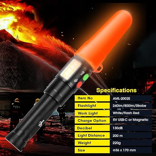 Miniatura 8 de Linterna electrónica de la varita del silbato para el tráfico, entrenamiento  USB C y recargable magnético, luz COB, base de imanes