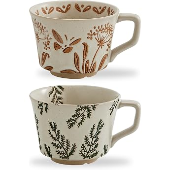 Kaffeetassen 350ml f r Latte Tee Milch Kakao Handgefertigter Keramik Kaffeebecher Geschirrsp lersicher Mikrowellensicher Retro Teetassen Milchbecher mit Henkel Griff BechergPflanzen2er Set