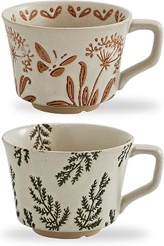350 ml Vintage Ceramic Coffee Cups   Handmade Stoneware Mugs, Big and Stackable for Large Lattes and Camping Coffee, Featuring Plants Designs Set of 2