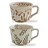 12oz Vintage Ceramic Coffee Mug Set of 2 - Handmade Stoneware Pottery Countryside Farmhouse Fall Autumn Tea Mugs with Big Handle for Latte,Cocoa,Dishwasher & Microwave Safe Cups (Plants)